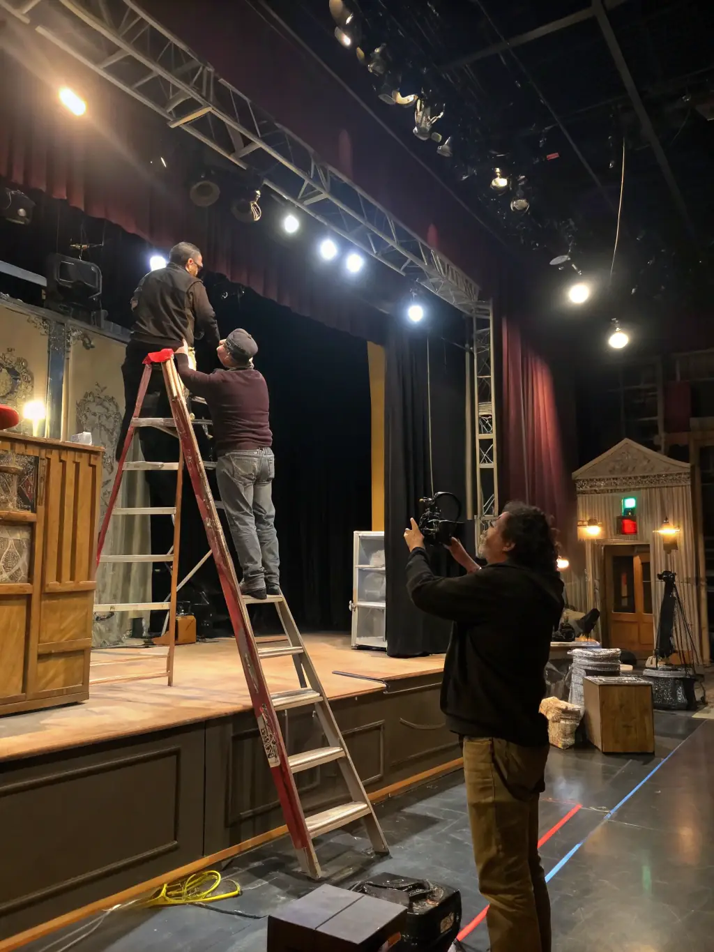 A behind-the-scenes image of ZELIA's team setting up the stage for a theatrical performance, highlighting the technical expertise and dedication involved in event production.