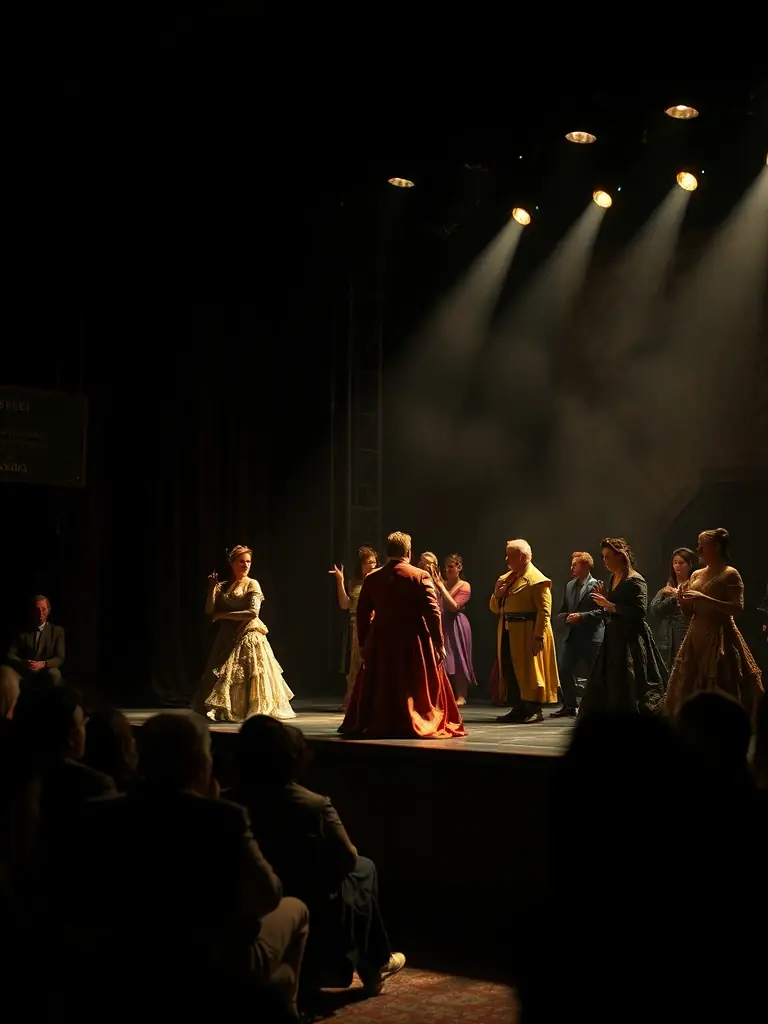A captivating image of a theatrical performance, showcasing actors in costume on stage with professional lighting and sound. This photo represents ZELIA's involvement in theatrical productions.
