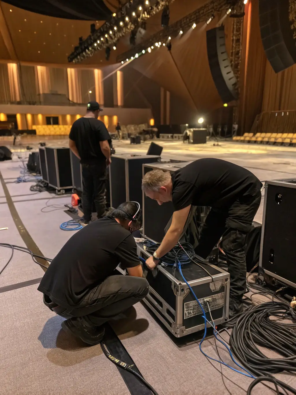 A photograph capturing the ZELIA team setting up the stage for an outdoor music festival, showcasing their technical expertise and collaborative spirit.