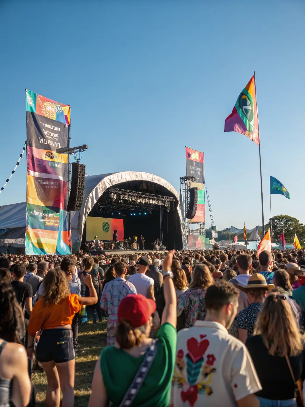 A vibrant photograph capturing a lively outdoor music festival, showcasing a diverse crowd enjoying live performances on a sunny day. This image represents ZELIA's involvement in organizing and supporting community music events.